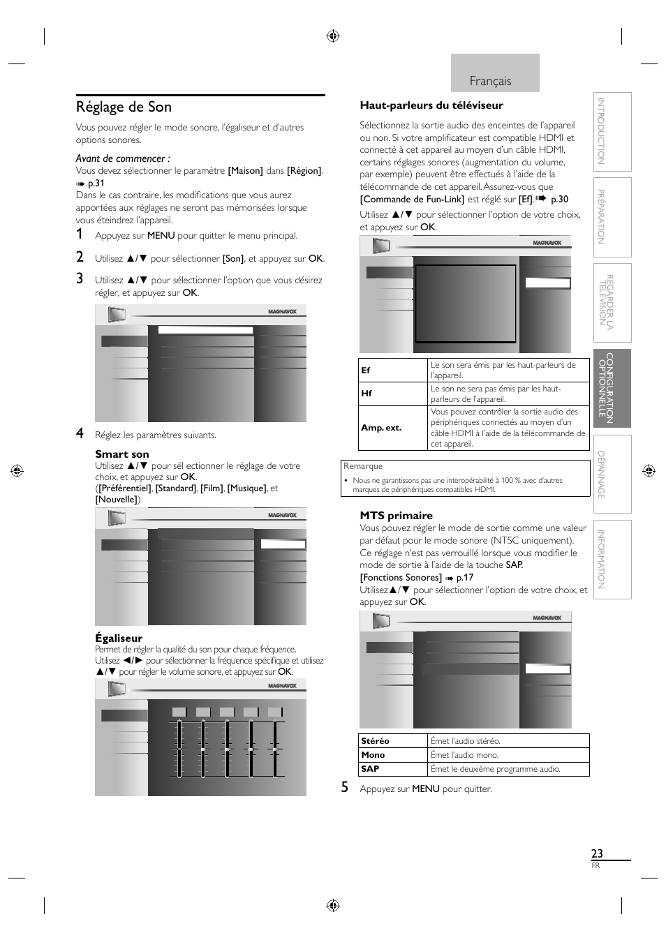 Réglage de son, Français, Avant de commencer | Smart son, Haut-parleurs du téléviseur, Mts primaire | Philips Magnavox 19MF330B User Manual | Page 69 / 121