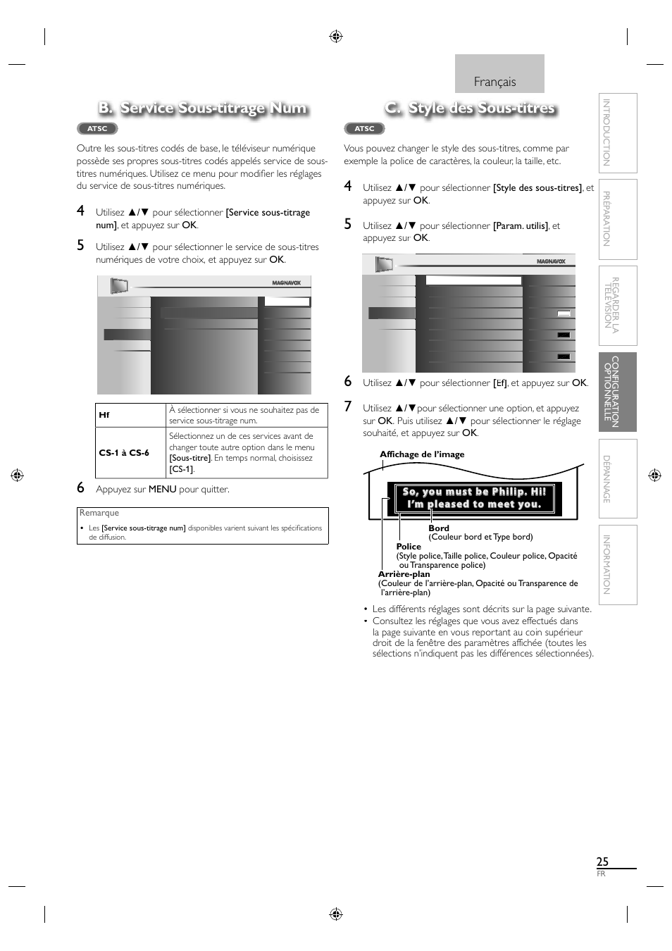B. service sous-titrage num, C. style des sous-titres, Français | Philips Magnavox 19MF330B User Manual | Page 71 / 121