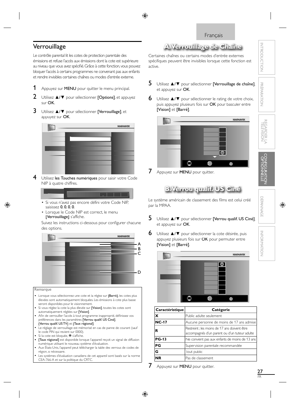 Verrouillage, A. verrouillage de chaîne, B. verrou qualif. us ciné | Français | Philips Magnavox 19MF330B User Manual | Page 73 / 121