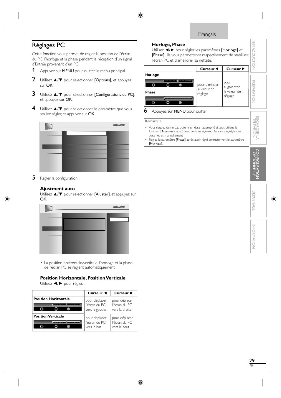 Réglages pc, Français, Ajustment auto | Position horizontale, position verticale, Horloge, phase | Philips Magnavox 19MF330B User Manual | Page 75 / 121