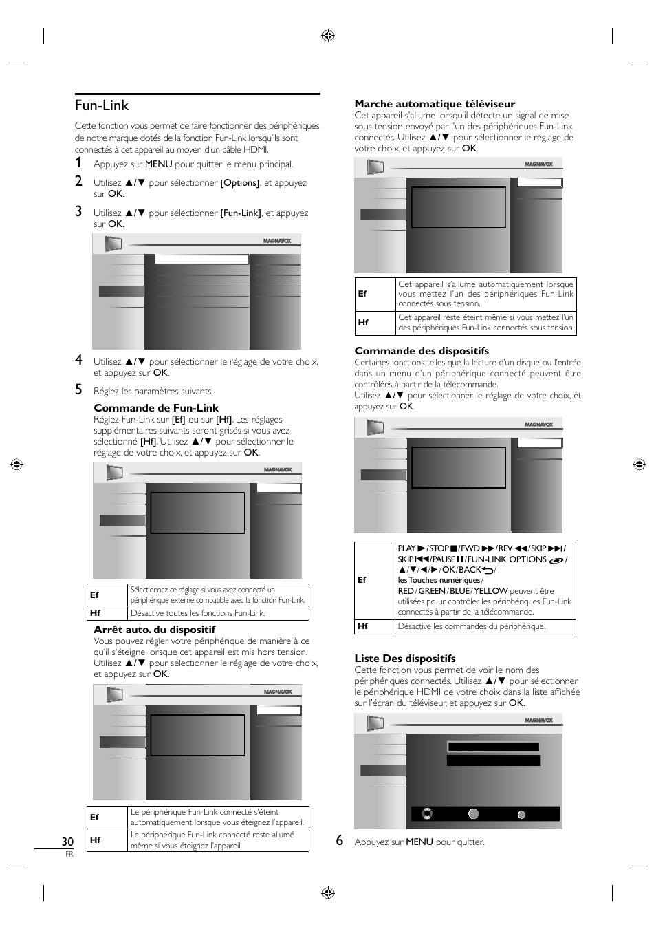 Fun-link, Commande de fun-link, Arrêt auto. du dispositif | Marche automatique téléviseur, Commande des dispositifs, Liste des dispositifs | Philips Magnavox 19MF330B User Manual | Page 76 / 121