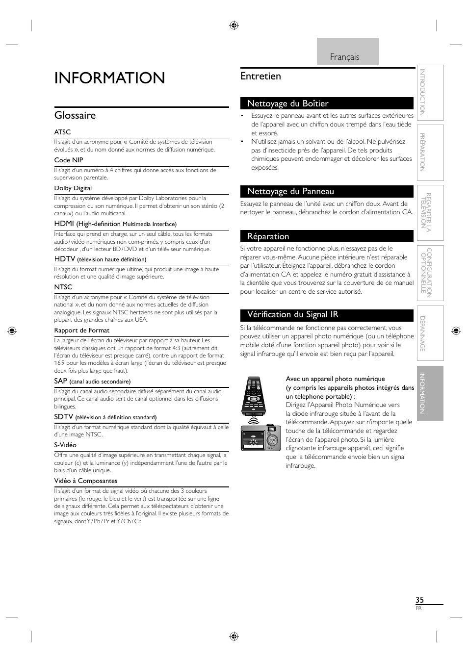 Information, Glossaire, Entretien | Français, Nettoyage du boîtier, Nettoyage du panneau, Réparation, Vérification du signal ir | Philips Magnavox 19MF330B User Manual | Page 81 / 121