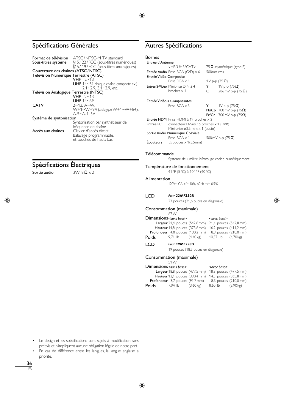 Spécifi cations générales, Spécifi cations électriques, Autres spécifi cations | Philips Magnavox 19MF330B User Manual | Page 82 / 121