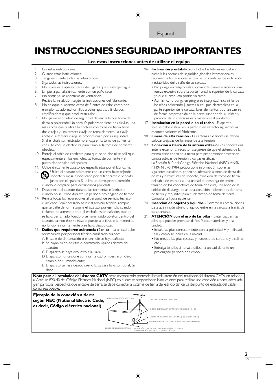 Instrucciones seguridad importantes, Español | Philips Magnavox 19MF330B User Manual | Page 86 / 121