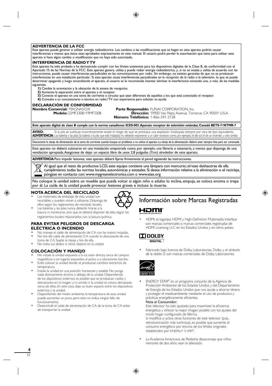 Información sobre marcas registradas | Philips Magnavox 19MF330B User Manual | Page 87 / 121