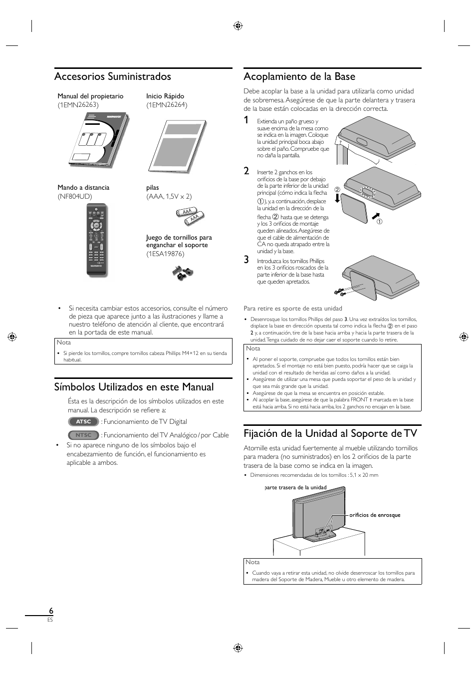 Acoplamiento de la base, Fijación de la unidad al soporte de tv, Accesorios suministrados | Símbolos utilizados en este manual | Philips Magnavox 19MF330B User Manual | Page 89 / 121