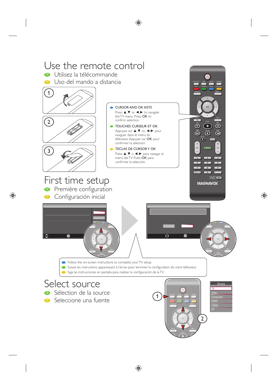 Use the remote control, First time setup, Select source | Utilisez la télécommande, Uso del mando a distancia, Première confi guration, Confi guración inicial, Sélection de la source, Seleccione una fuente | Philips Magnavox 19MF330B User Manual | Page 9 / 121