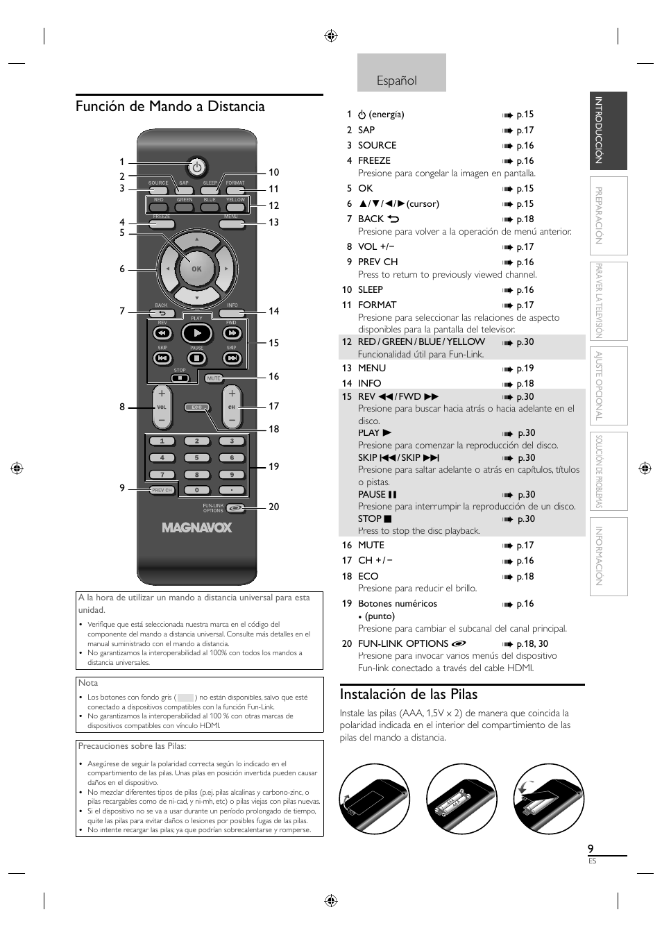 Función de mando a distancia, Instalación de las pilas, Español | Philips Magnavox 19MF330B User Manual | Page 92 / 121