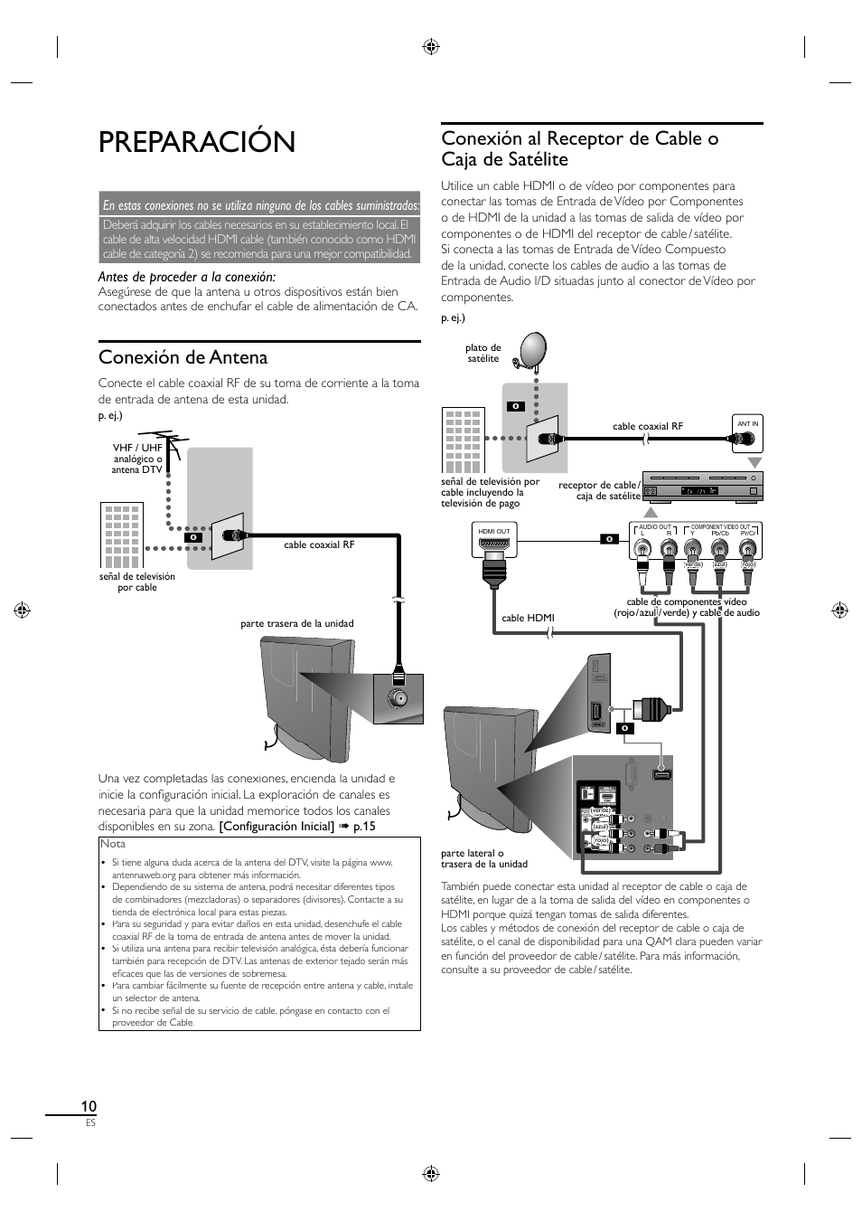 Preparación, Conexión de antena, Conexión al receptor de cable o caja de satélite | Antes de proceder a la conexión | Philips Magnavox 19MF330B User Manual | Page 93 / 121