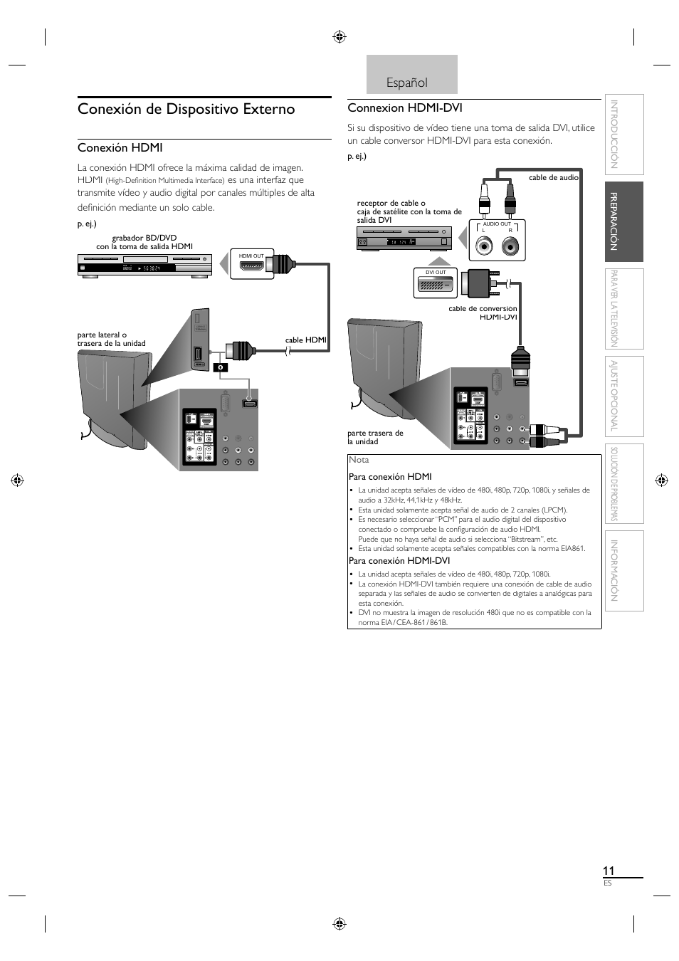 Conexión de dispositivo externo, Español, Conexión hdmi | Connexion hdmi-dvi | Philips Magnavox 19MF330B User Manual | Page 94 / 121