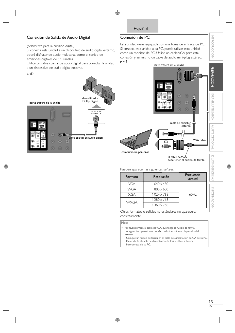 Español, Conexión de salida de audio digital, Conexión de pc | Philips Magnavox 19MF330B User Manual | Page 96 / 121