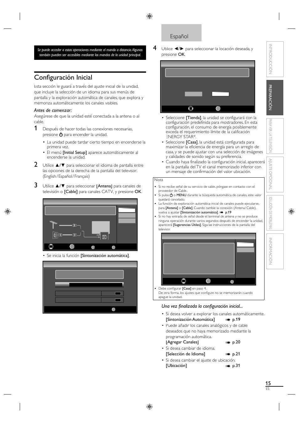 Confi guración inicial, Español, Antes de comenzar | Una vez fi nalizada la confi guración inicial | Philips Magnavox 19MF330B User Manual | Page 98 / 121