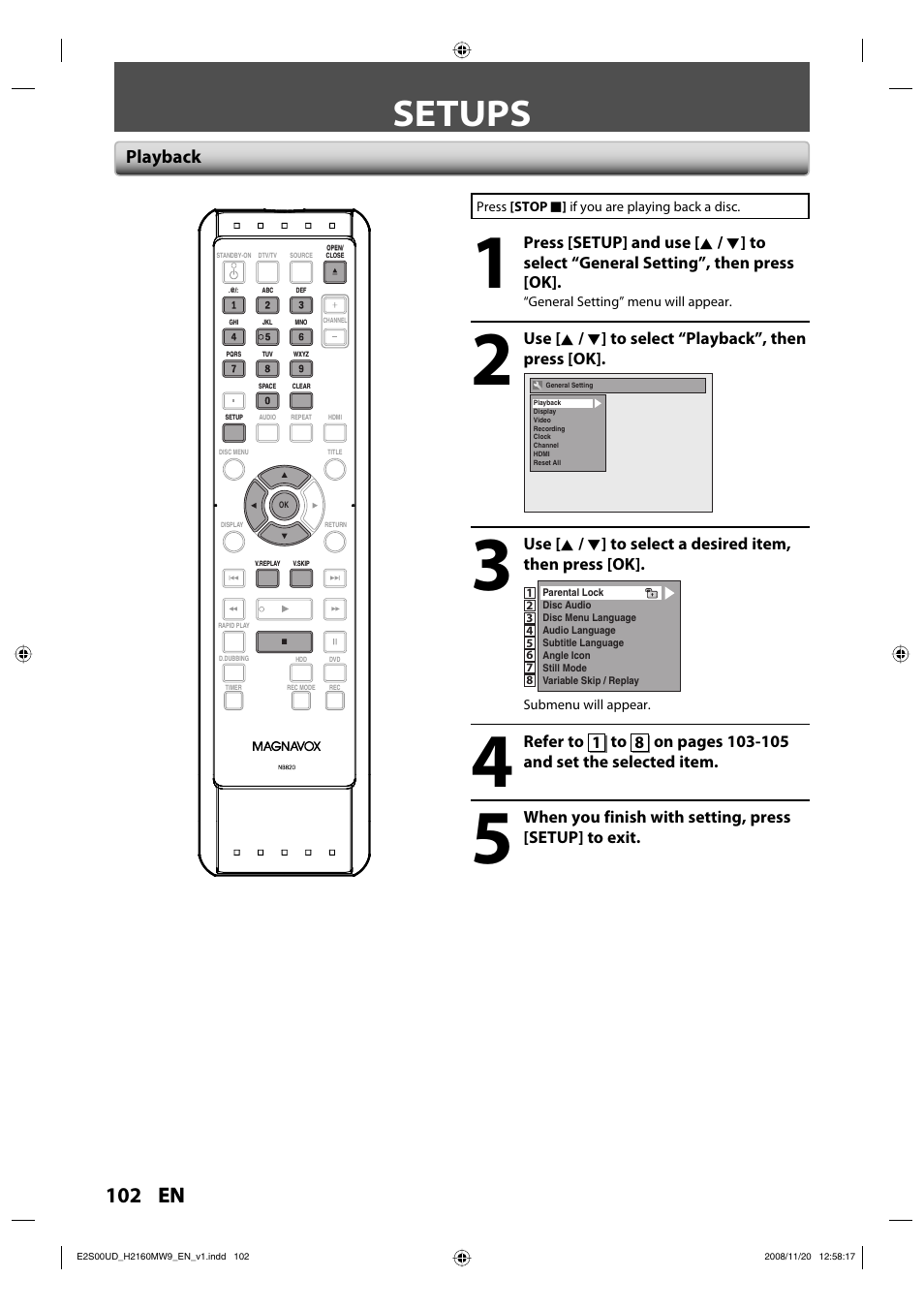 Setups, 102 en, Playback | Philips Magnavox H2160MW9 A User Manual | Page 104 / 256