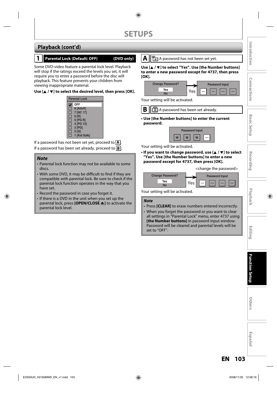 Setups, Playback (cont’d) | Philips Magnavox H2160MW9 A User Manual | Page 105 / 256