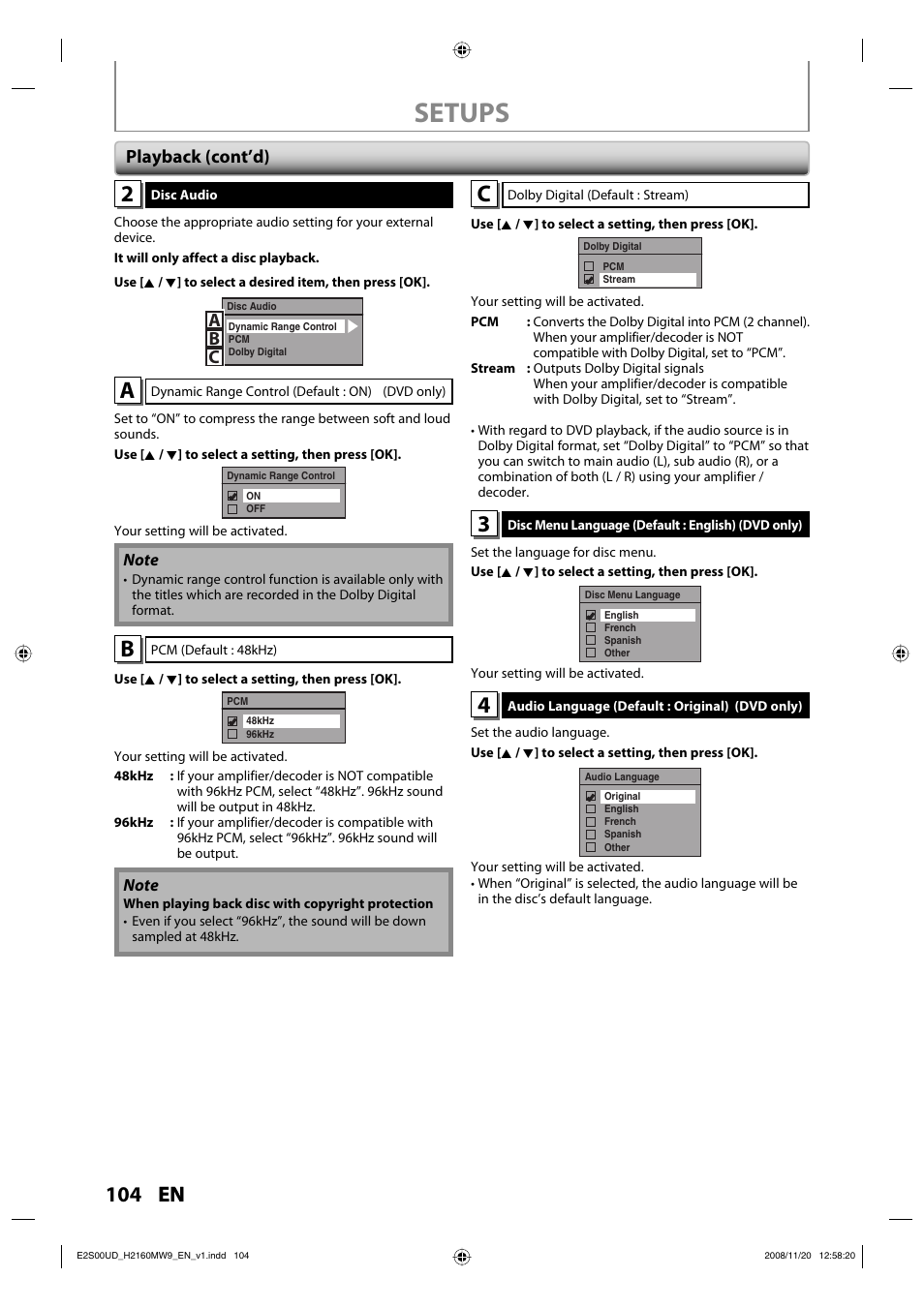 Setups, 104 en, Ab c | Playback (cont’d) | Philips Magnavox H2160MW9 A User Manual | Page 106 / 256