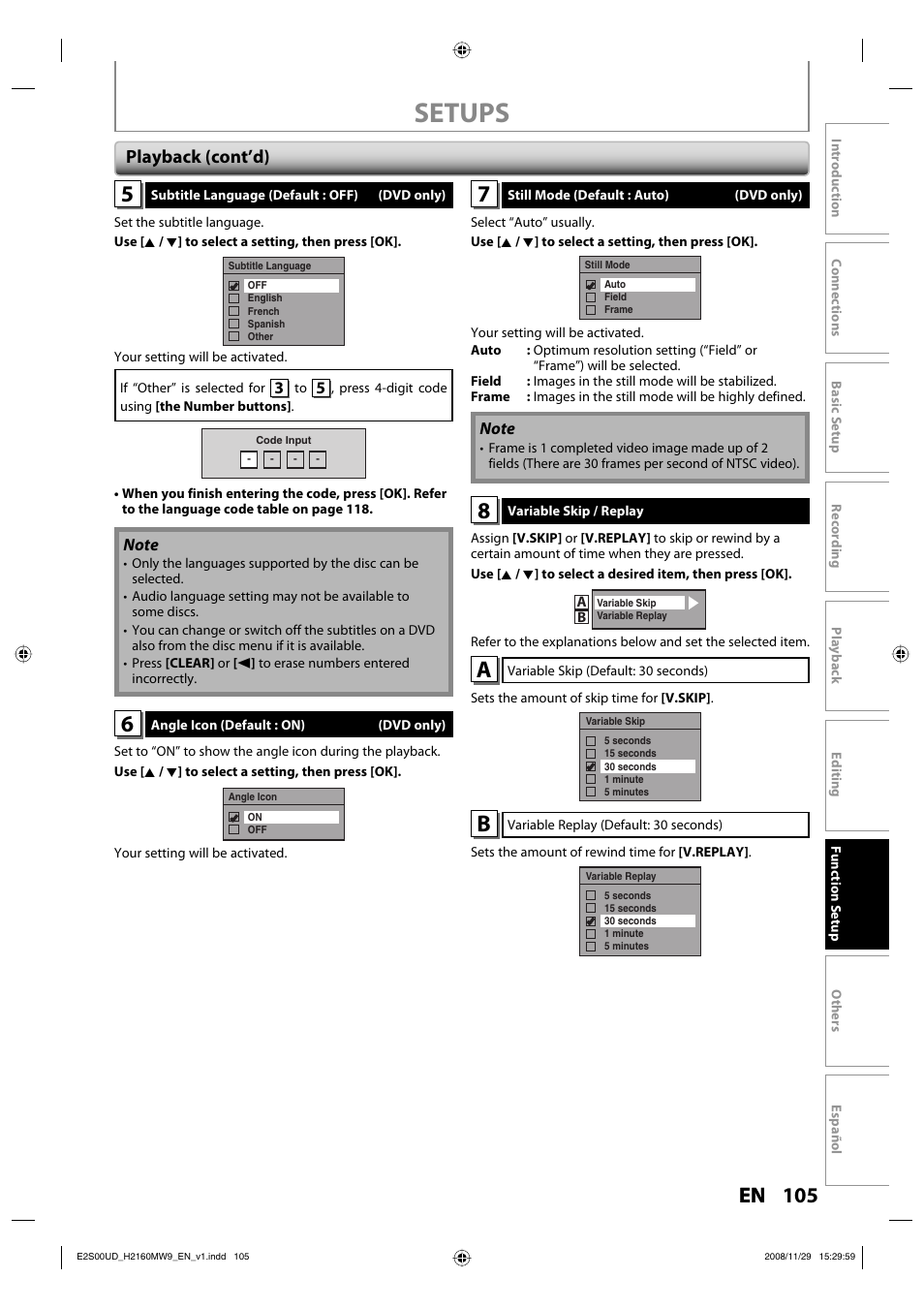 Setups, Playback (cont’d) | Philips Magnavox H2160MW9 A User Manual | Page 107 / 256