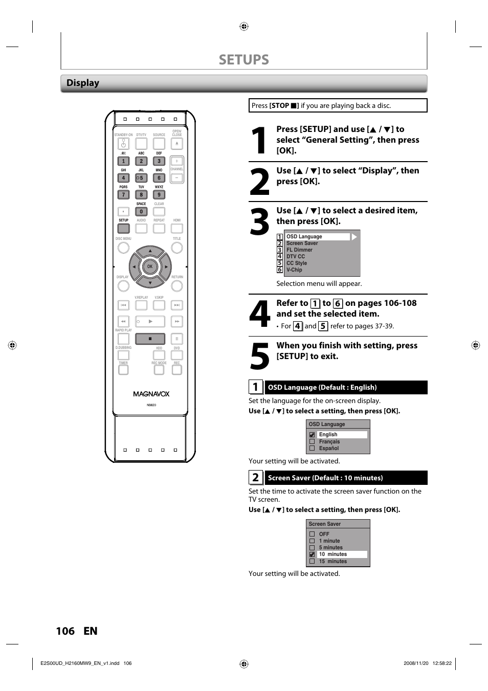 Setups, 106 en, Display | Philips Magnavox H2160MW9 A User Manual | Page 108 / 256