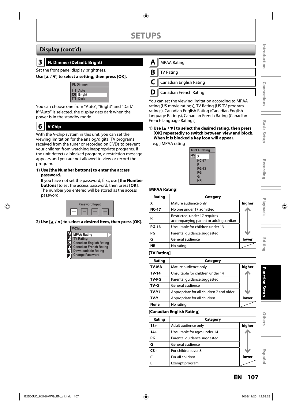 Setups, Display (cont’d) | Philips Magnavox H2160MW9 A User Manual | Page 109 / 256