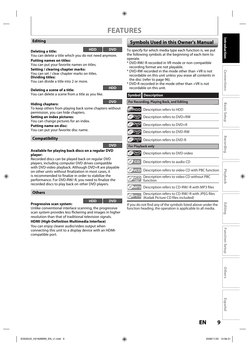 Features, 9en 9 en, Symbols used in this owner's manual | Philips Magnavox H2160MW9 A User Manual | Page 11 / 256