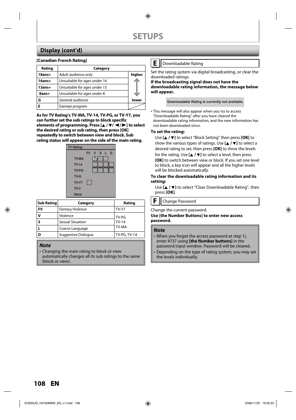 Setups, 108 en, Display (cont’d) | Philips Magnavox H2160MW9 A User Manual | Page 110 / 256