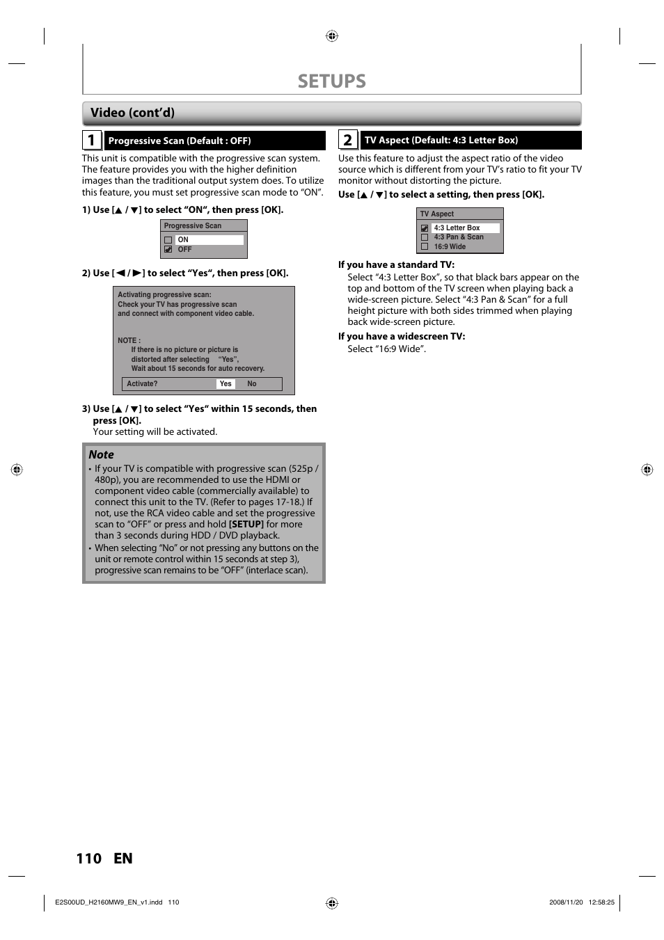 Setups, 110 en, Video (cont’d) | Philips Magnavox H2160MW9 A User Manual | Page 112 / 256