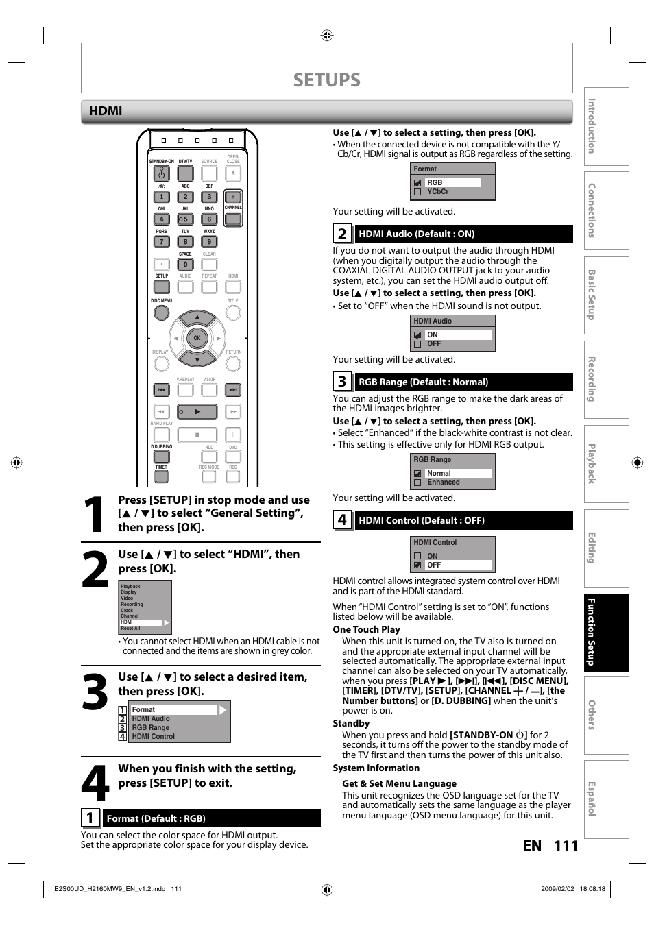 Setups, Hdmi, Use [ k / l ] to select “hdmi”, then press [ok | Philips Magnavox H2160MW9 A User Manual | Page 113 / 256