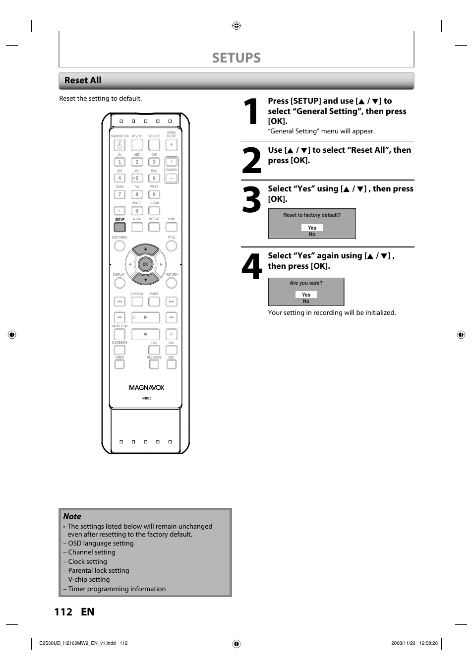 Setups, 112 en, Reset all | Philips Magnavox H2160MW9 A User Manual | Page 114 / 256