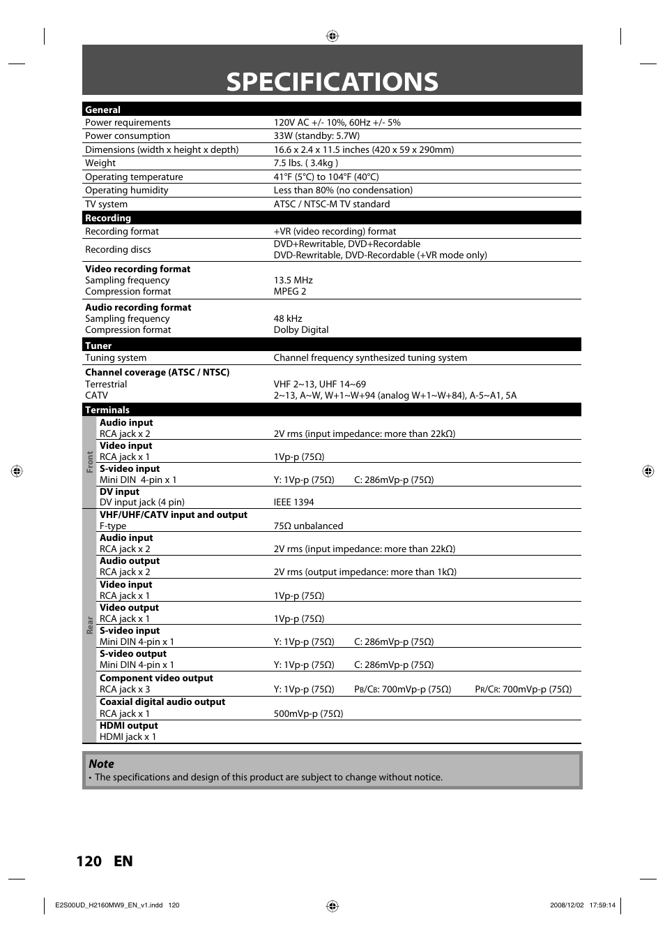 Specifications, 120 en | Philips Magnavox H2160MW9 A User Manual | Page 122 / 256