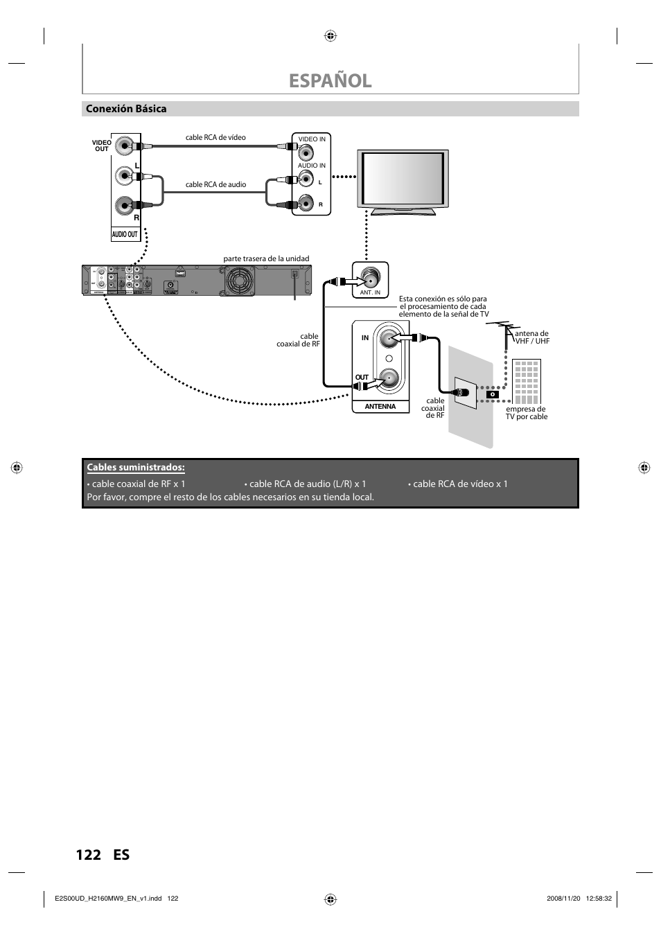 Español, 122 es, Conexión básica | Philips Magnavox H2160MW9 A User Manual | Page 124 / 256