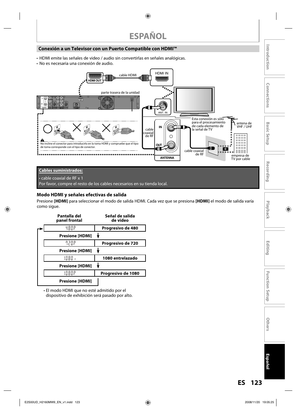 Español, 123 es, Modo hdmi y señales efectivas de salida | Philips Magnavox H2160MW9 A User Manual | Page 125 / 256