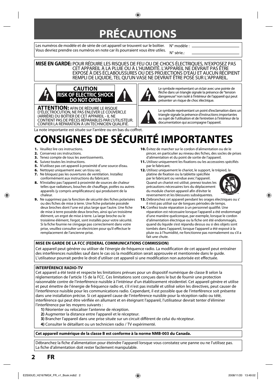 Précautions, Consignes de sécurité importantes, Attention | Caution risk of electric shock do not open, Mise en garde | Philips Magnavox H2160MW9 A User Manual | Page 134 / 256