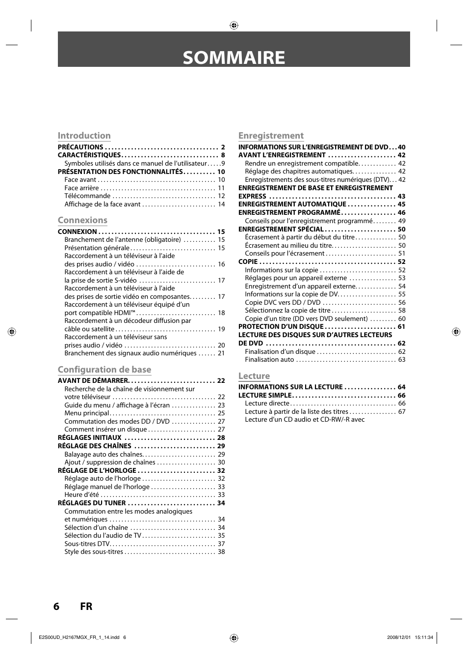 Sommaire, Introduction, Connexions | Configuration de base, Enregistrement, Lecture | Philips Magnavox H2160MW9 A User Manual | Page 138 / 256