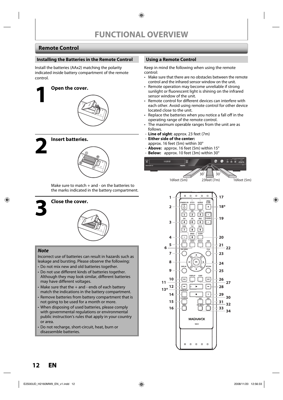 Functional overview, 12 en 12 en, Remote control | Open the cover, Insert batteries, Close the cover | Philips Magnavox H2160MW9 A User Manual | Page 14 / 256