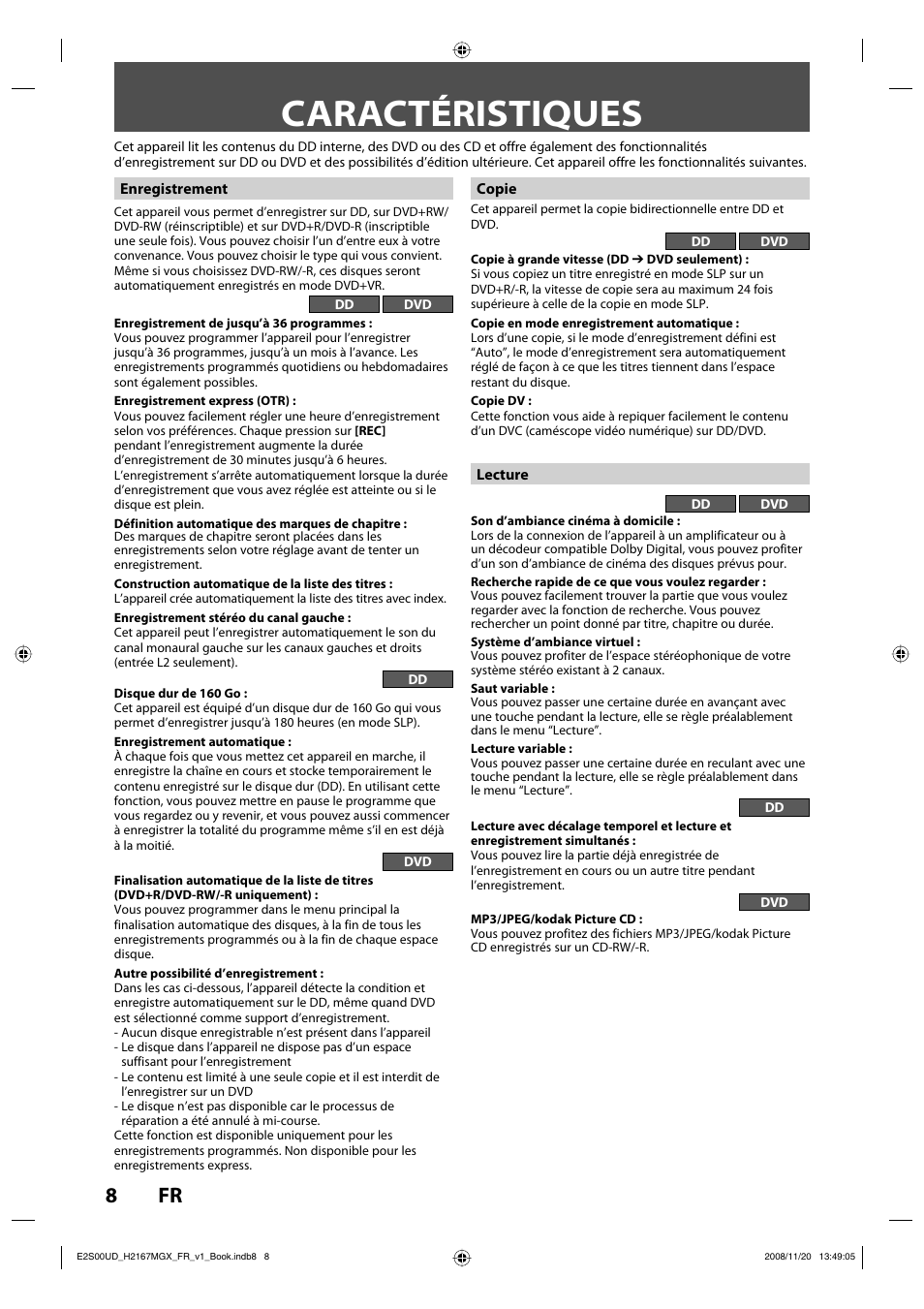 Caractéristiques | Philips Magnavox H2160MW9 A User Manual | Page 140 / 256