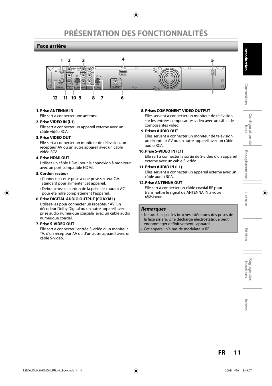 Présentation des fonctionnalités, 11 fr, Face arrière | Remarques | Philips Magnavox H2160MW9 A User Manual | Page 143 / 256