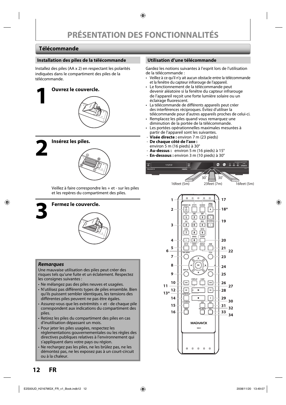 Présentation des fonctionnalités, 12 fr, Télécommande | Remarques, Ouvrez le couvercle, Insérez les piles, Fermez le couvercle | Philips Magnavox H2160MW9 A User Manual | Page 144 / 256