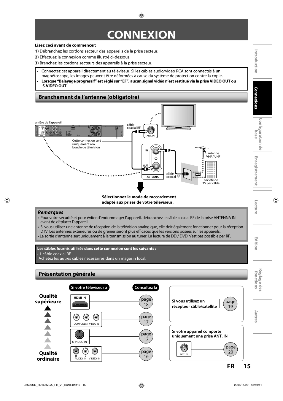 Connexion, 15 fr, Branchement de l’antenne (obligatoire) | Présentation générale, Qualité ordinaire qualité supérieure, Remarques, Page 18 | Philips Magnavox H2160MW9 A User Manual | Page 147 / 256