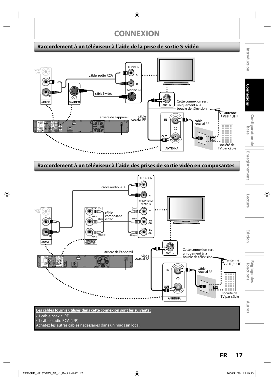 Connexion, 17 fr, Arrière de l’appareil câble audio rca | Antenne vhf / uhf société de tv par câble ou, Câble audio rca, Câble composant vidéo | Philips Magnavox H2160MW9 A User Manual | Page 149 / 256