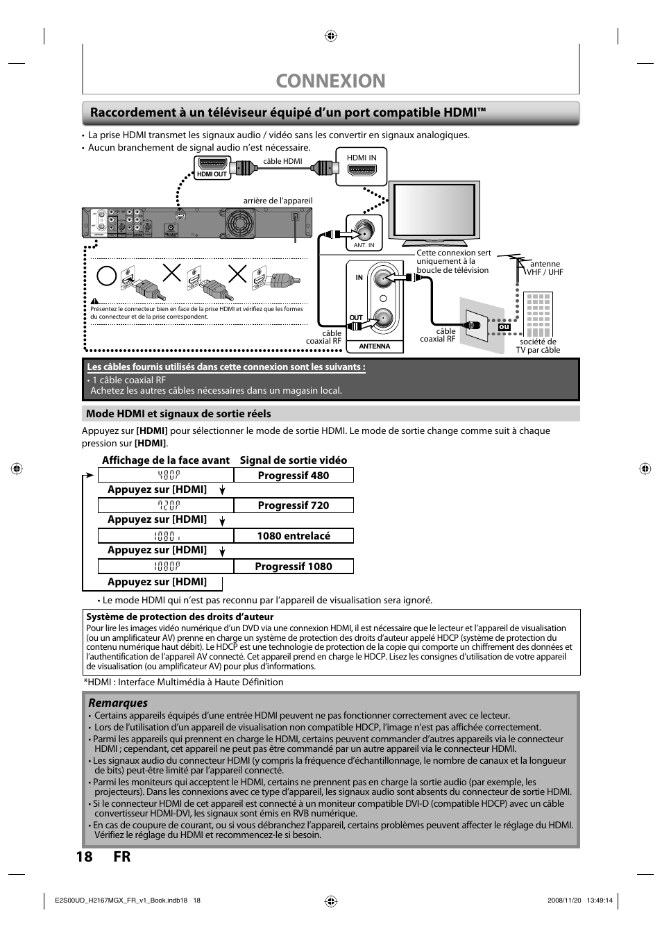 Connexion, 18 fr, Remarques | Mode hdmi et signaux de sortie réels | Philips Magnavox H2160MW9 A User Manual | Page 150 / 256