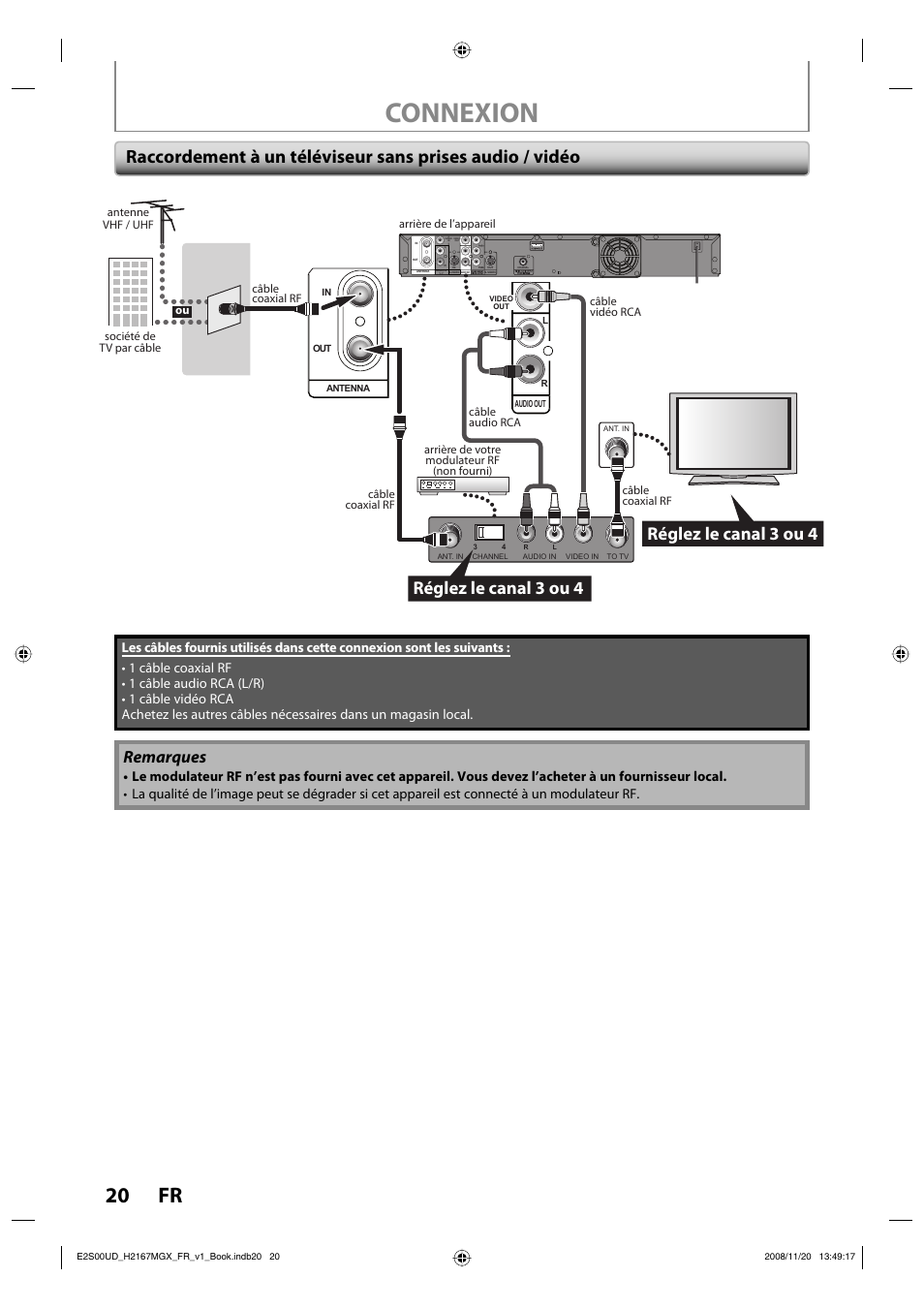 Connexion, 20 fr, Réglez le canal 3 ou 4 | Remarques | Philips Magnavox H2160MW9 A User Manual | Page 152 / 256