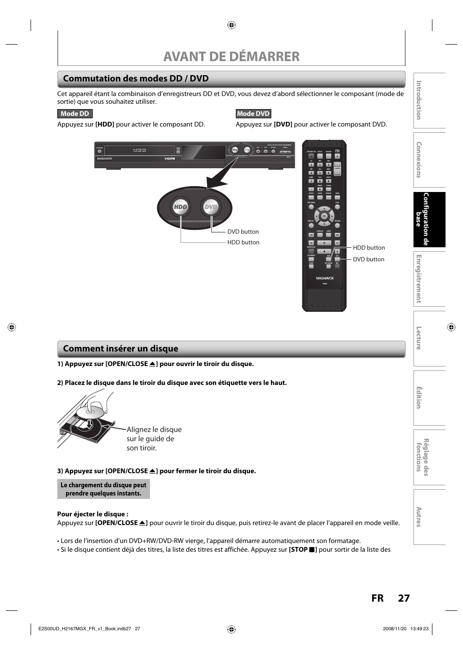 Avant de démarrer, 27 fr, Commutation des modes dd / dvd | Comment insérer un disque, Alignez le disque sur le guide de son tiroir | Philips Magnavox H2160MW9 A User Manual | Page 159 / 256