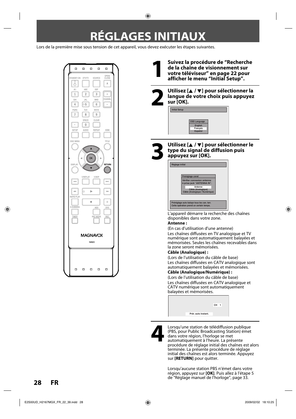 Réglages initiaux, 28 fr | Philips Magnavox H2160MW9 A User Manual | Page 160 / 256