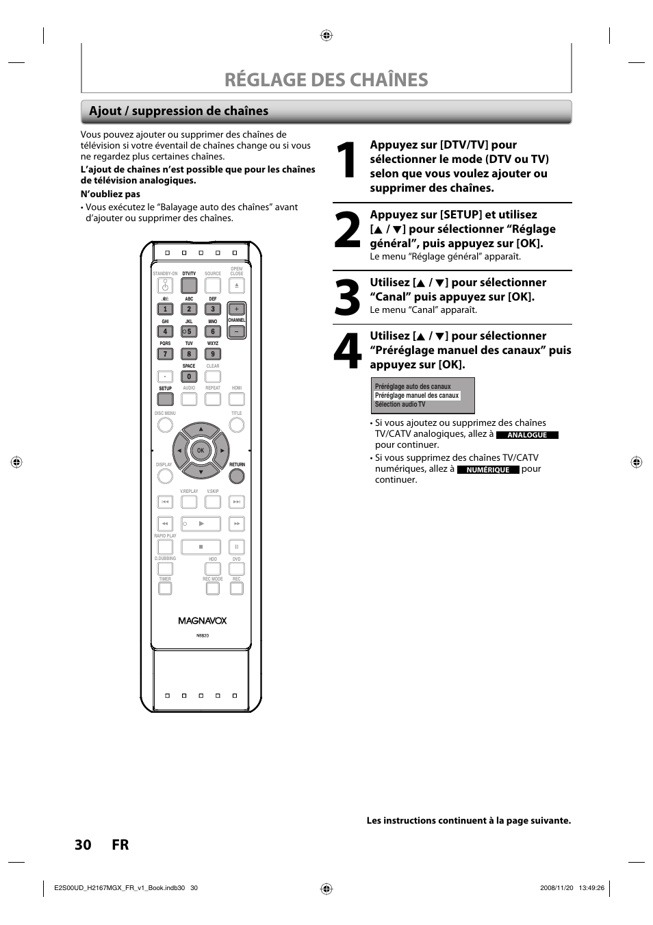 Réglage des chaînes, 30 fr, Ajout / suppression de chaînes | Philips Magnavox H2160MW9 A User Manual | Page 162 / 256