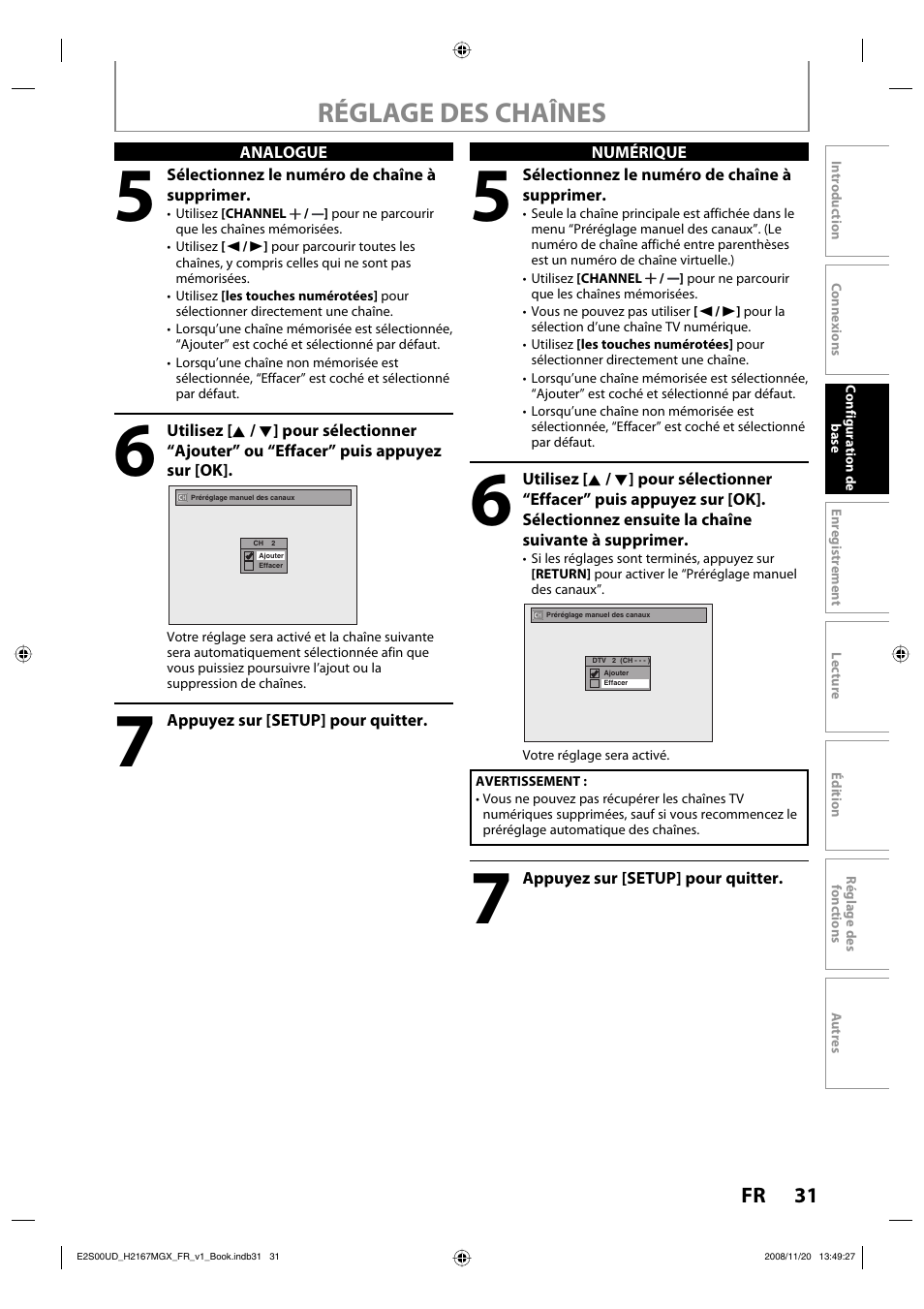 Réglage des chaînes | Philips Magnavox H2160MW9 A User Manual | Page 163 / 256