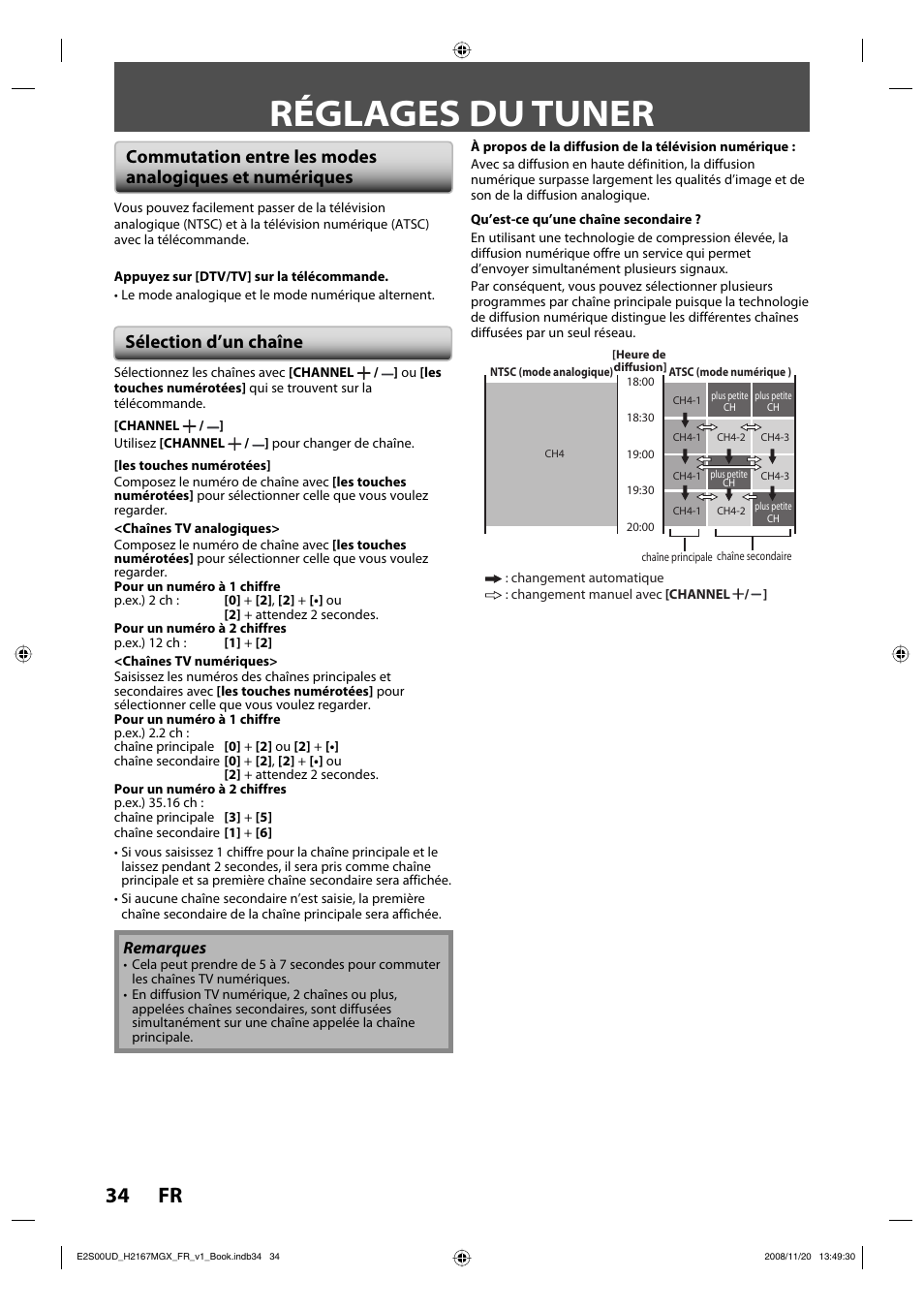 Réglages du tuner, 34 fr, Sélection d’un chaîne | Remarques | Philips Magnavox H2160MW9 A User Manual | Page 166 / 256
