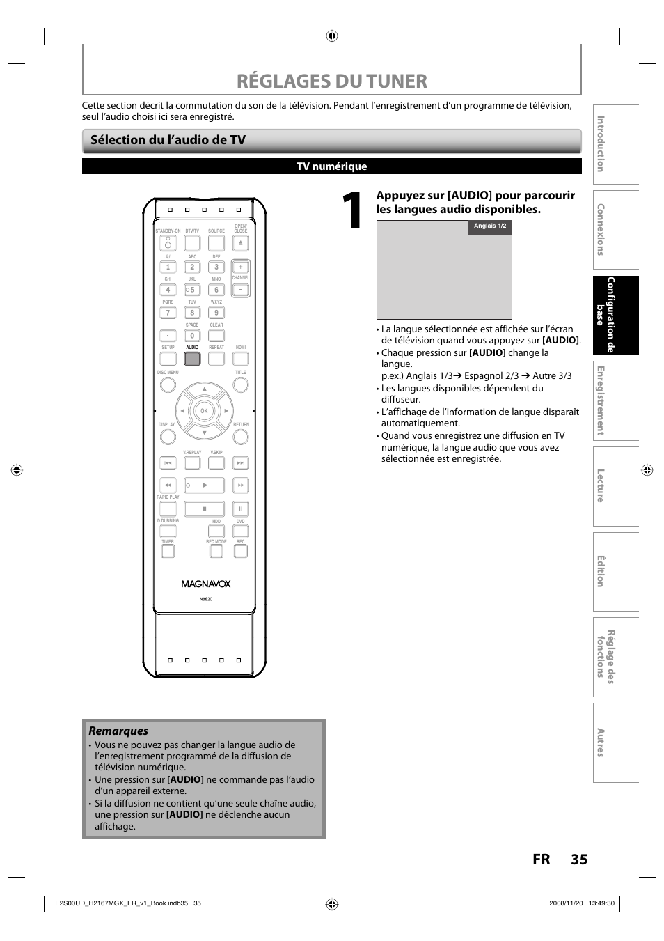 Réglages du tuner, 35 fr, Sélection du l’audio de tv | Remarques, Tv numérique | Philips Magnavox H2160MW9 A User Manual | Page 167 / 256