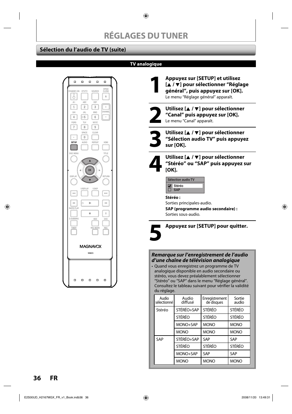 Réglages du tuner, 36 fr, Sélection du l’audio de tv (suite) | Philips Magnavox H2160MW9 A User Manual | Page 168 / 256