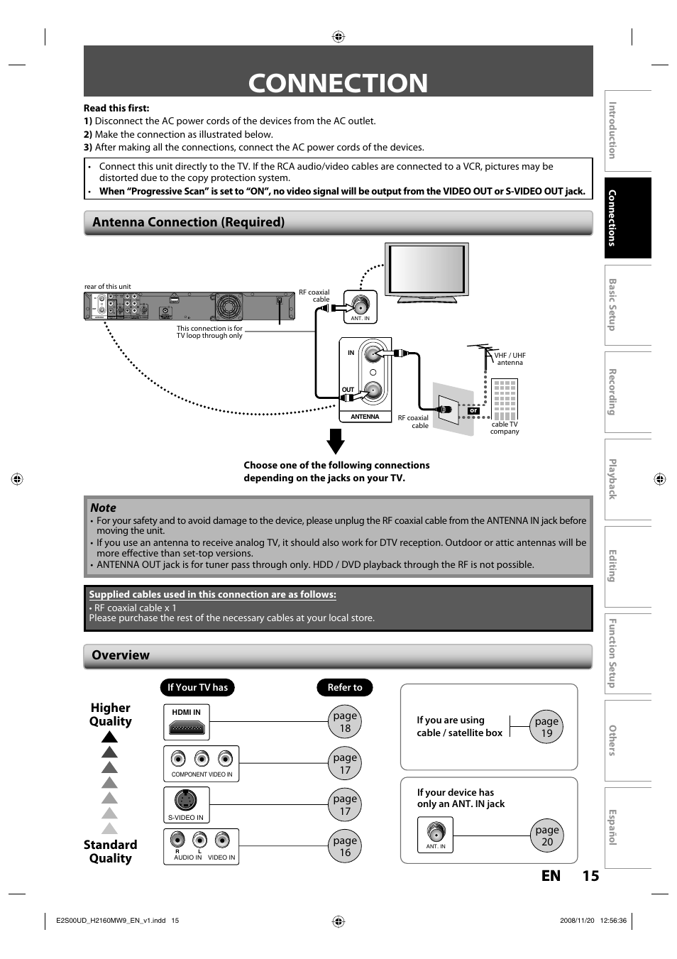 Connection, 15 en 15 en, Antenna connection (required) | Overview, Standard quality higher quality, Page 18 | Philips Magnavox H2160MW9 A User Manual | Page 17 / 256