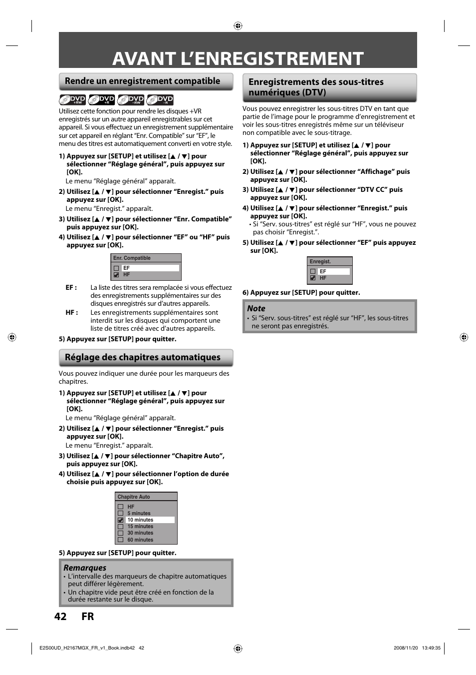 Avant l’enregistrement, 42 fr, Enregistrements des sous-titres numériques (dtv) | Philips Magnavox H2160MW9 A User Manual | Page 174 / 256