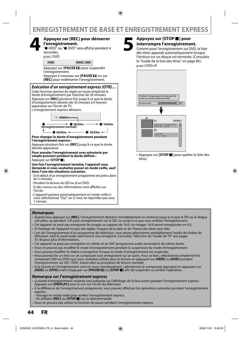 Enregistrement de base et enregistrement express, 44 fr | Philips Magnavox H2160MW9 A User Manual | Page 176 / 256